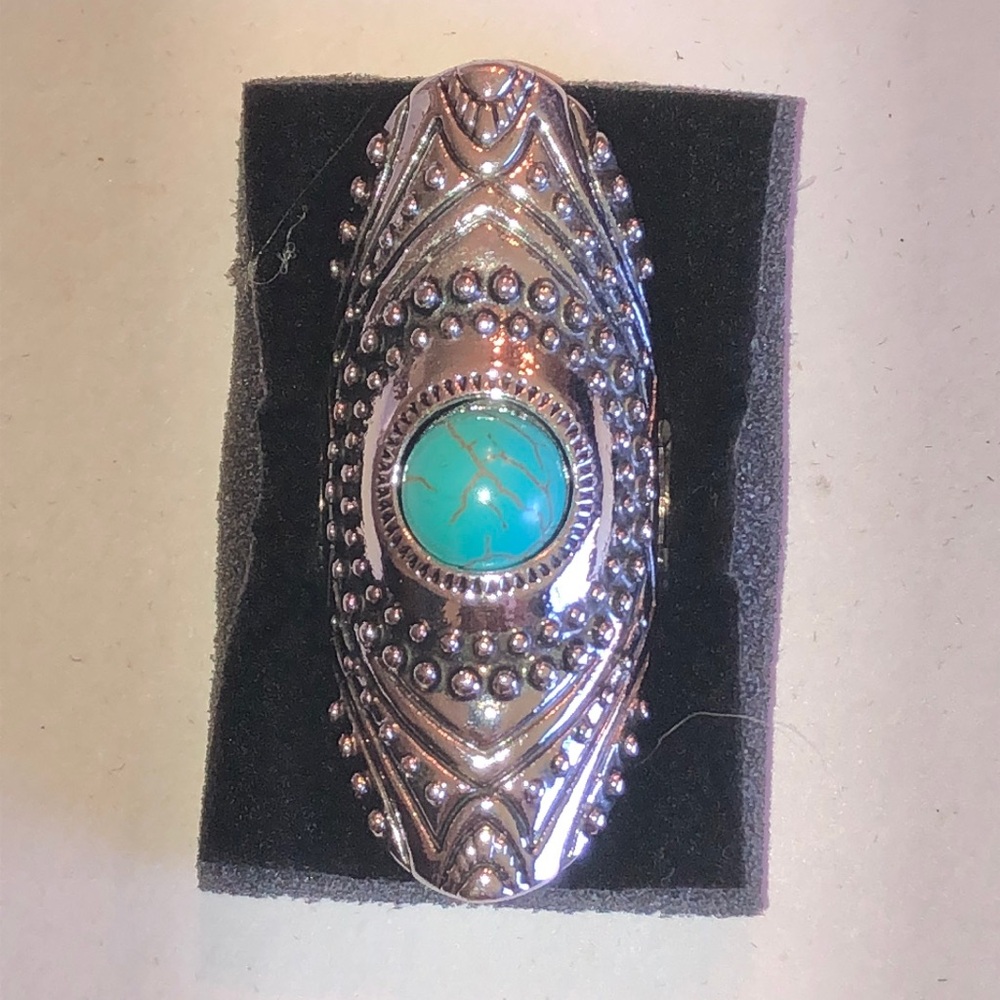 Turquoise Stone Silver Tone Boho Statement Ring